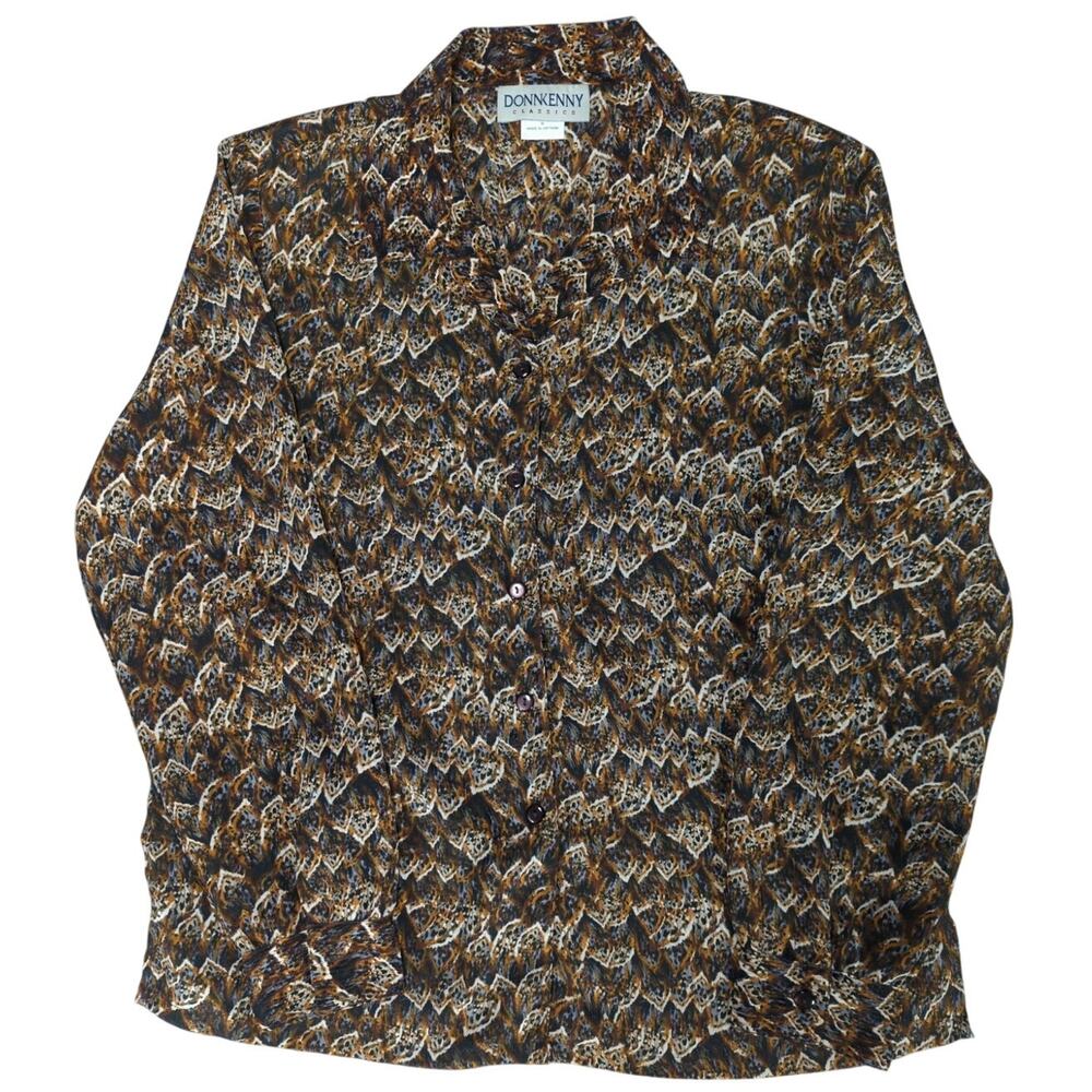 Donnkenny Classics Womens M Blouse Brown Leaf Print Shoulder Pads Long Sleeve